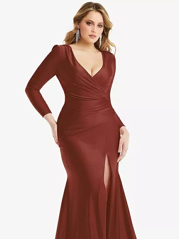 Satin mermaid dress with long sleeves and front slit