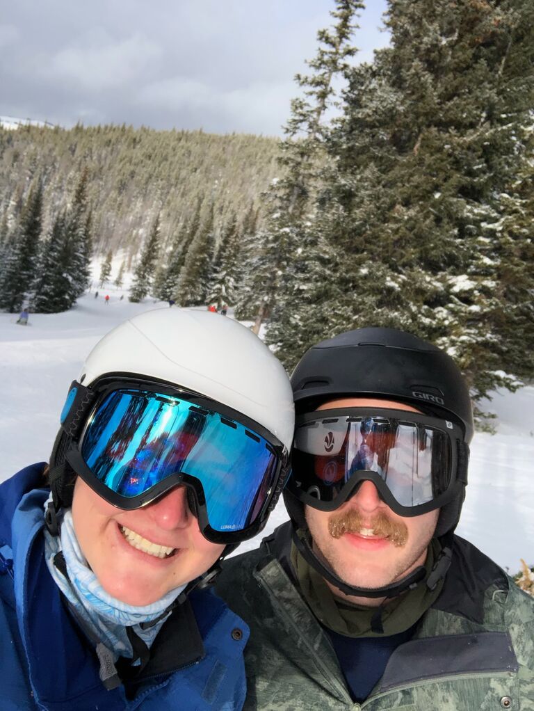 Sean improved his ski skills over the first few 
 days until Christmas. He snuck Michaela away from the rest of the family for a few runs in the back bowls at Vail. He told Michaela they should take a picture in the pine trees...since it would be "Christmasy." Michaela was totally oblivious and happily obliged
