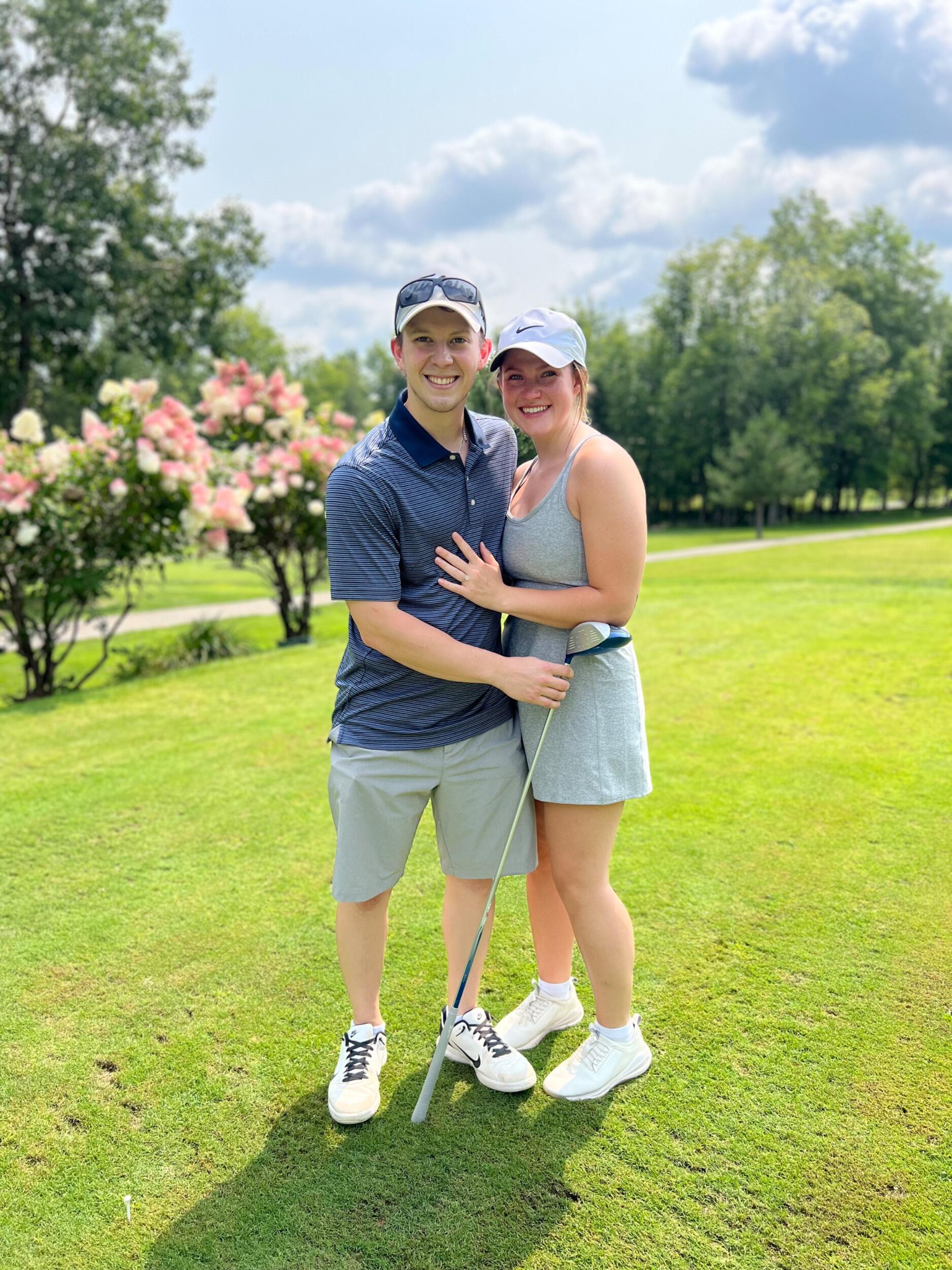 We’re engaged!! Dylan proposed at our favorite spot - the golf course! 🤍