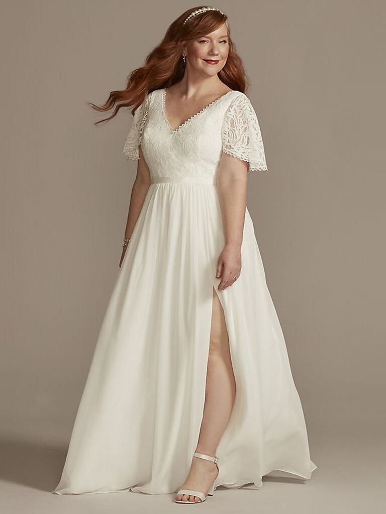 Short Sleeve V-neckline A-line Wedding Dress With Embroidered Tulle