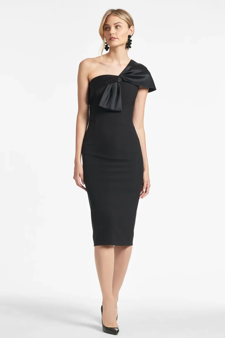 One shoulder fitted midi dress and statement bow