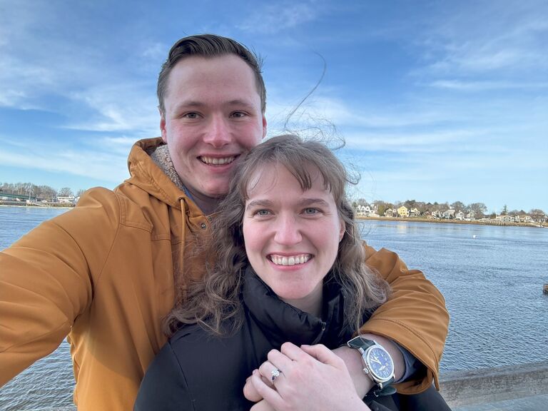 In Newburyport, MA where Christian proposed to Ashling on the banks of the Merrimack River.