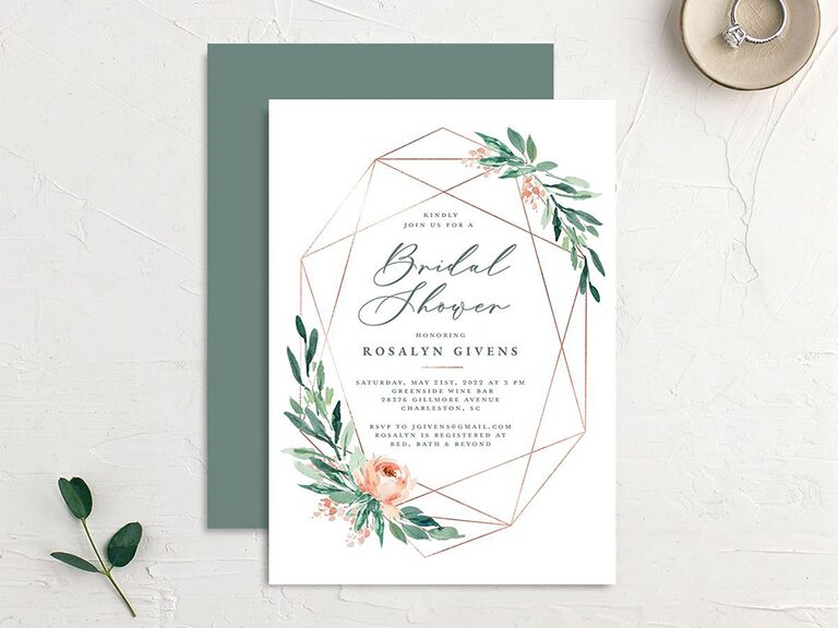 Gold geometric design and florals surrounding event details on white background