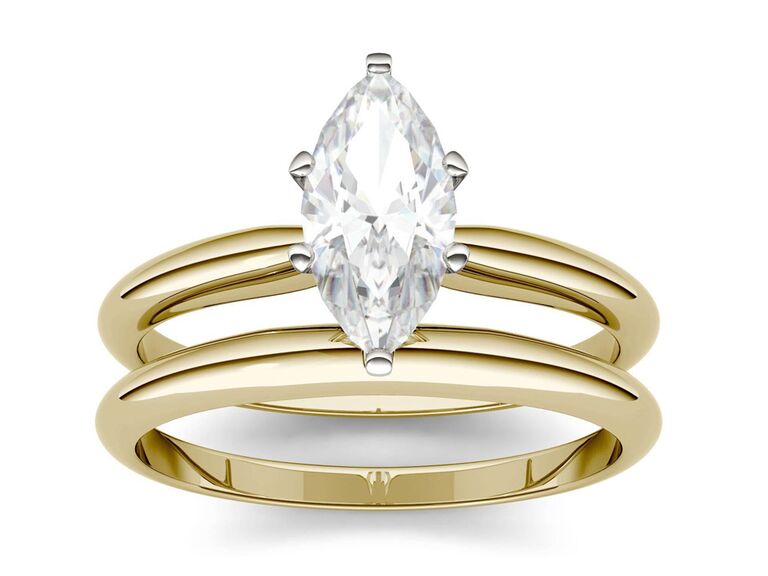 charles and colvard 14k gold marquise diamond engagement and wedding ring set with two gold bands