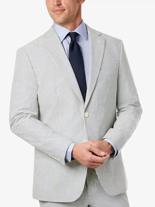 A Ralph Lauren light blue and white striped blazer and pants from Macy's