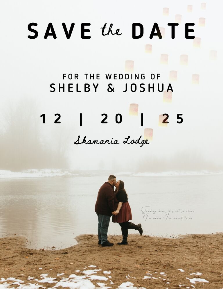 Joshua designs the Save the Dates using one of their favorite proposal photos. To make them even more special, he adds glowing lanterns and a heartfelt quote from Shelby’s favorite movie, Tangled.