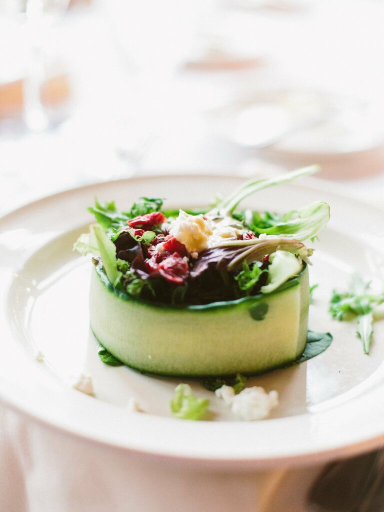 wedding menu idea for spring fresh seasonal salad presented in a cucumber bowl