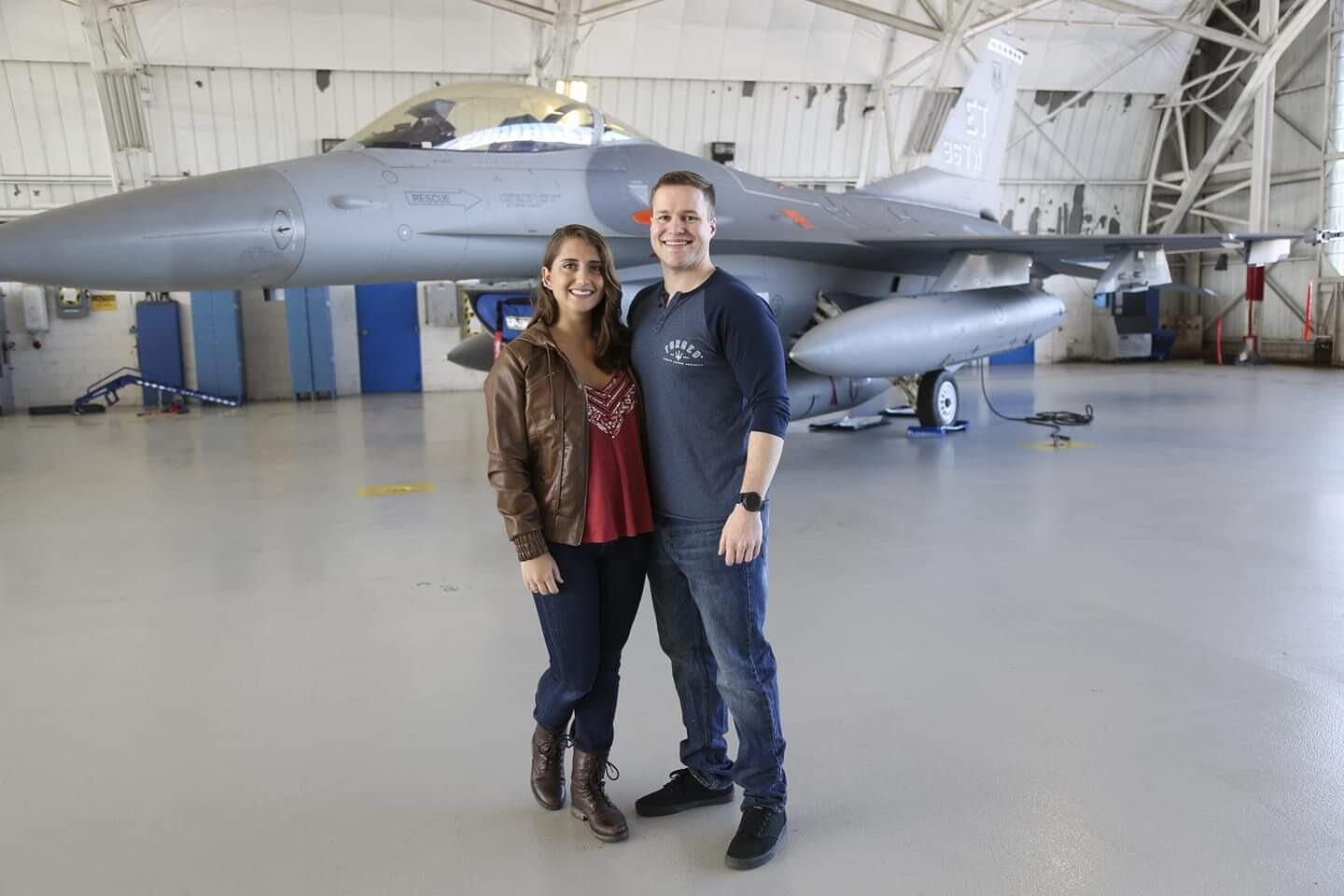 Nick worked in F-16 flight test while stationed at Eglin AFB and his squadron was offering a photo-op in front of the jets for Christmas cards. Nick and Marisa didn't send Christmas cards, as they had only been dating for a few months, but decided to take advantage of the opportunity. These are still some of their favorite photos to date!