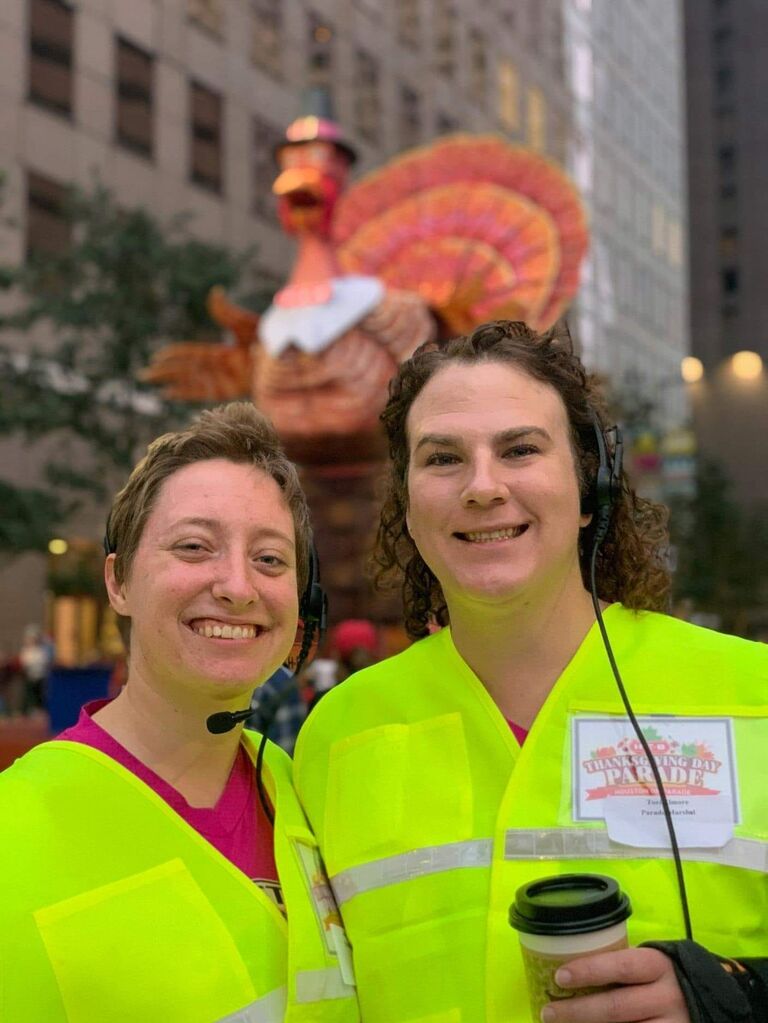Justine and Tori marshal a Thanksgiving parade