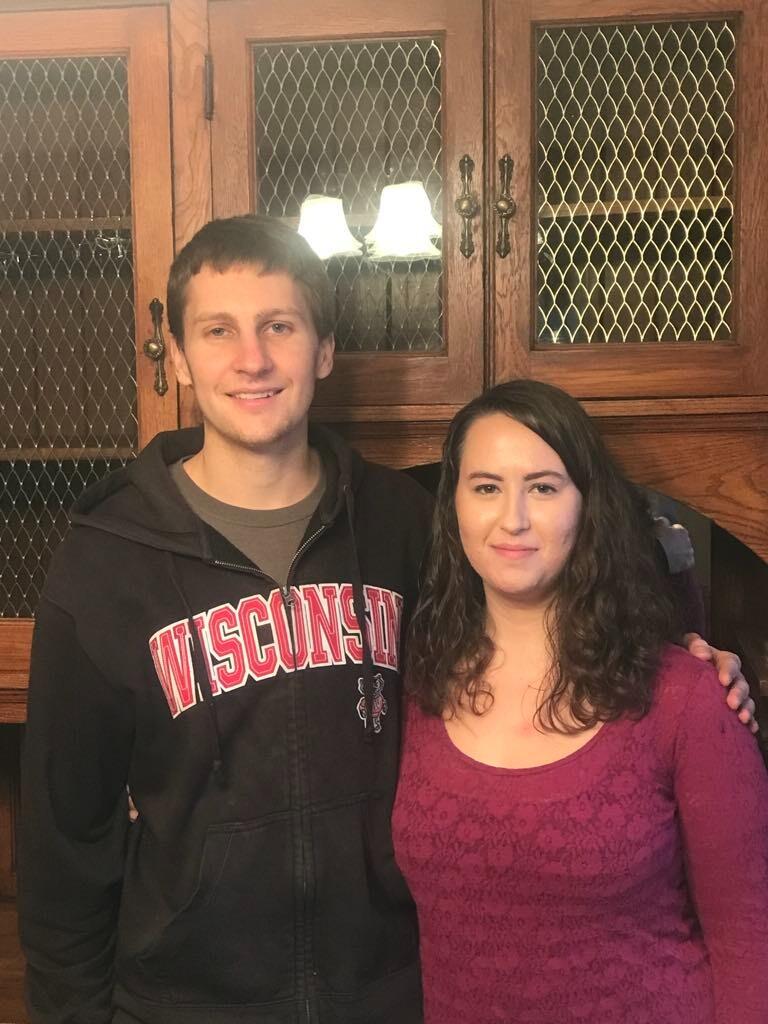 First picture together. Taken at Sarah's grandparents house. Pre-glasses for Tim. Tim really misses this Wisconsin sweatshirt.  