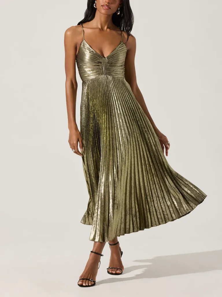 Gold pleated midi wedding guest dress winter from ASTR the Label