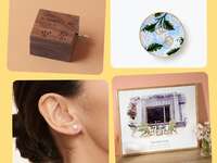 Collage of various gift items for her: wooden music box, ring dish, personalized watercolor art, pearl earrings