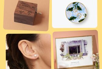 Collage of various gift items for her: wooden music box, ring dish, personalized watercolor art, pearl earrings