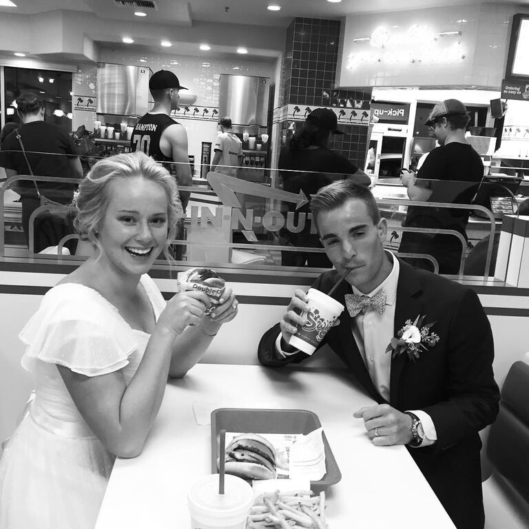 Whitney and Conner Leavitt in In-N-Out on their wedding day