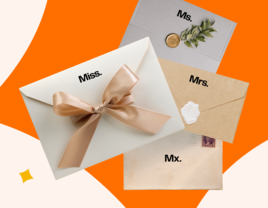 Envelopes addressed with "Miss," "Ms.," "Mrs.," and "Mx."