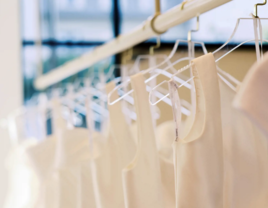 White wedding dresses hanging on rack 