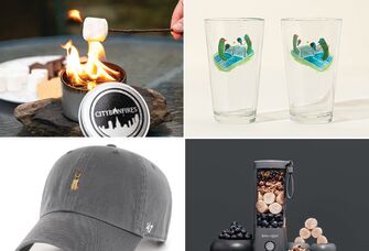 Four brother-in-law gifts: tabletop fire pit, pickleball pint glasses, BlendJet blender, dog baseball cap