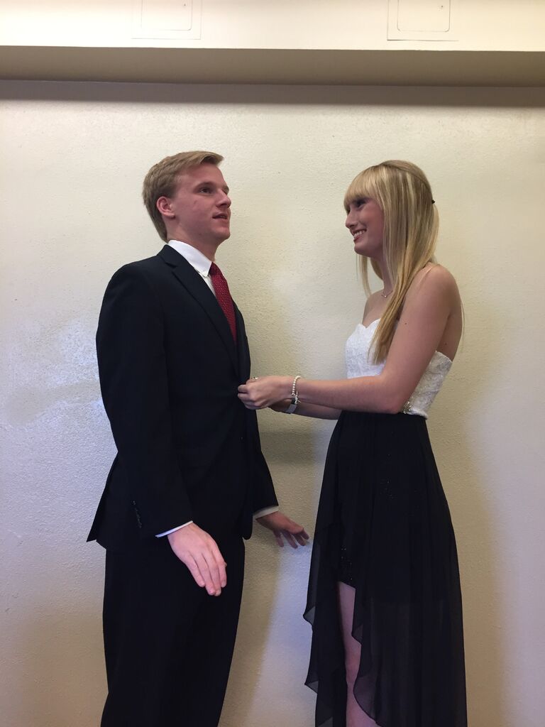 Getting ready for our second formal in Caitlyn's dorm hallway