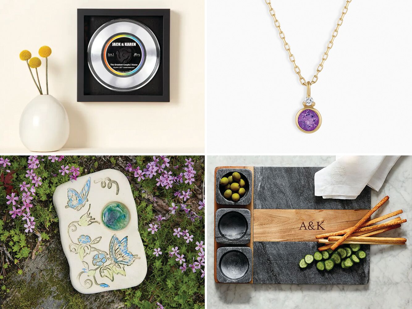 Four 47th anniversary gifts: a customized metallic record, an amethyst pendant, a personalized serving platter, and a butterfly puddler