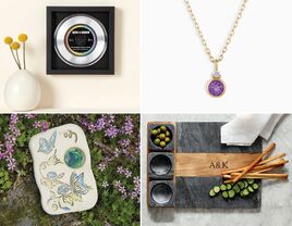 Four 47th anniversary gifts: a customized metallic record, an amethyst pendant, a personalized serving platter, and a butterfly puddler
