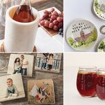 Collage of 4 personalized anniversary gifts: engraved wine chiller, custom ring dishes, personalized drinking glasses, custom photo coasters