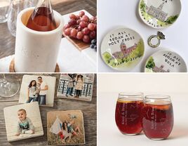 Collage of 4 personalized anniversary gifts: engraved wine chiller, custom ring dishes, personalized drinking glasses, custom photo coasters