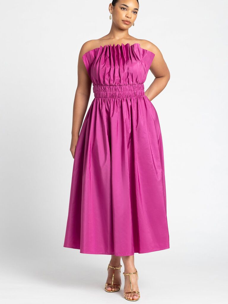 ELOQUII pleated ruffle midi wedding guest dress