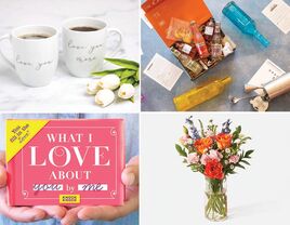 Collage of last minute anniversary gifts, including matching mugs, a cocktail subscription, a bouquet, and a fill-in-the-blank book