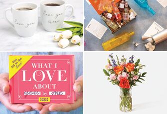 Collage of last minute anniversary gifts, including matching mugs, a cocktail subscription, a bouquet, and a fill-in-the-blank book