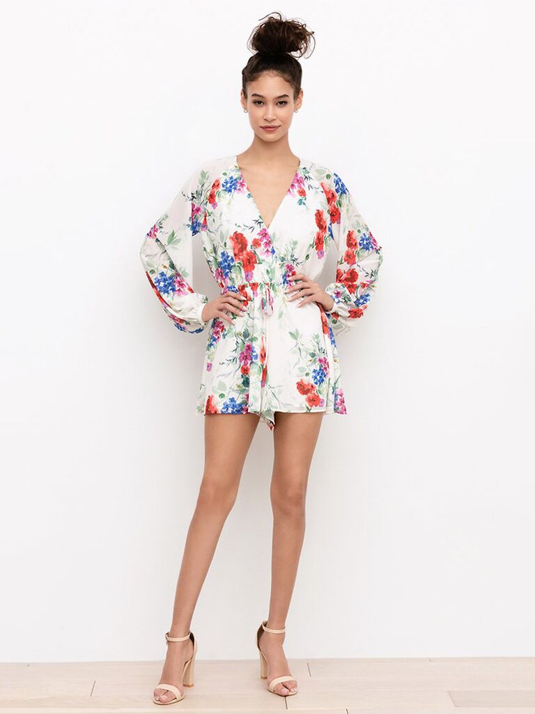 yumi kim white bridal romper with multicolored floral print v-neckline long puffy sleeves and shorts