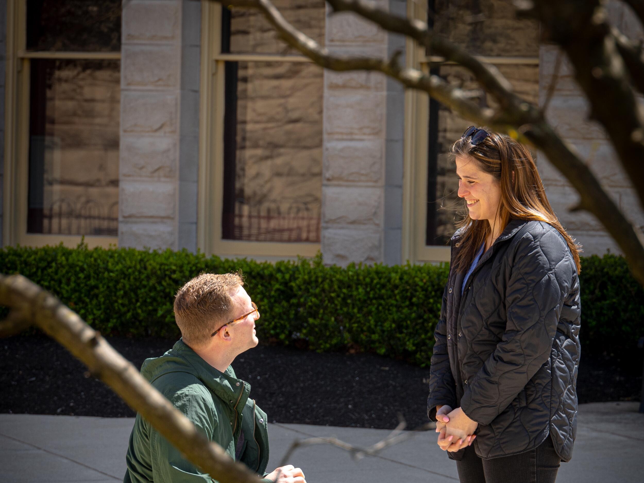 Sam popped the question back at OWU! He perfectly planned out the day and kept Sara on her toes! He even had two friends hiding on campus to get this photo! 
Delaware, OH
