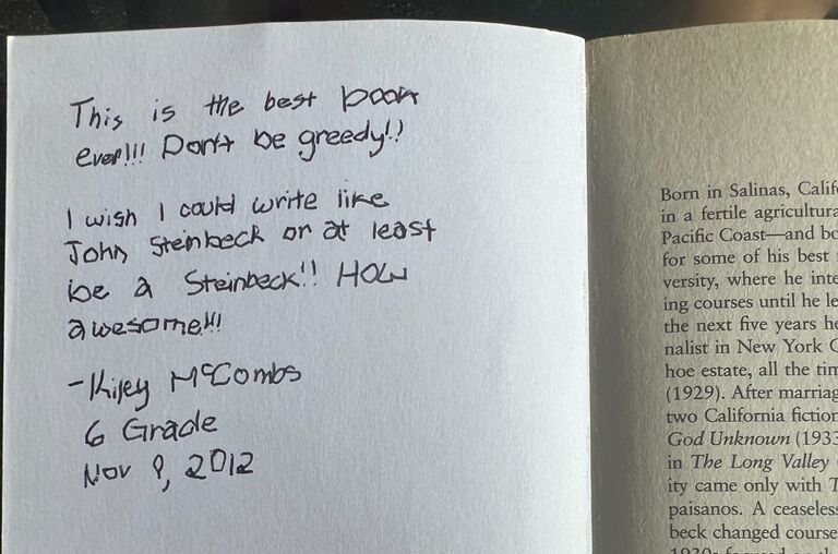 The universe has a funny way of listening to our dreams. Almost five years after Kiley wrote her school reflection in the cover of "The Pearl" by John Steinbeck, Steven Steinbeck and Kiley McCombs met.