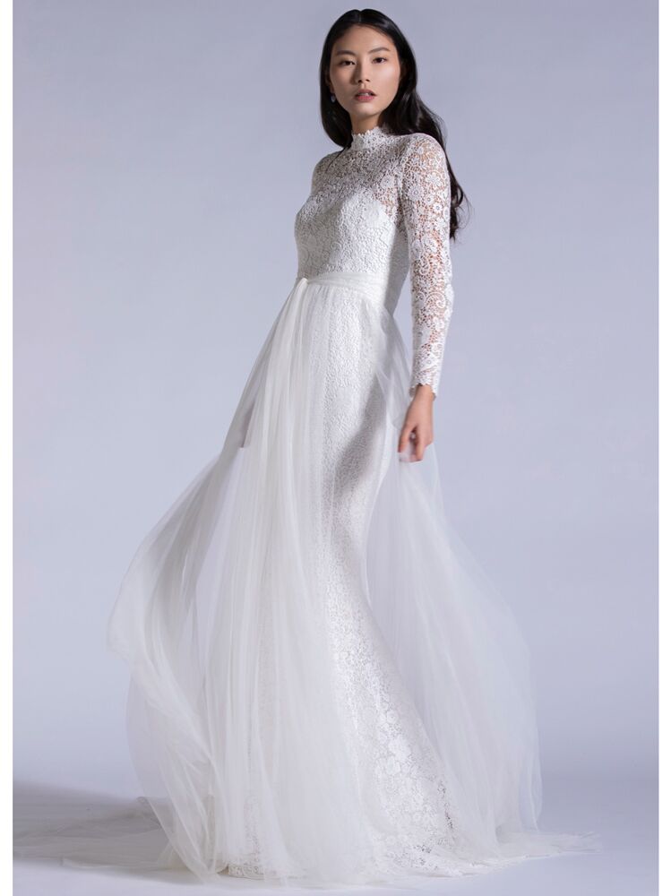 Watters lace fit-and-flare wedding dress with long sleeves