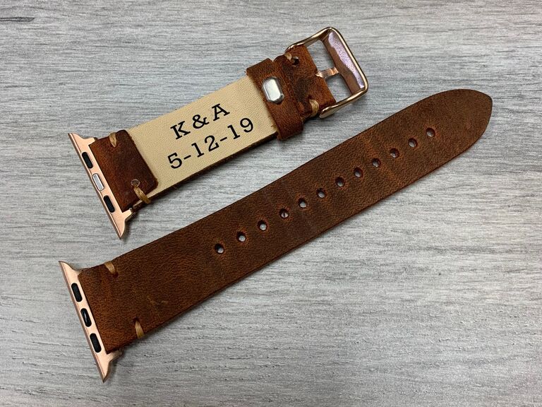 Engraved leather smartwatch band anniversary gift for husband