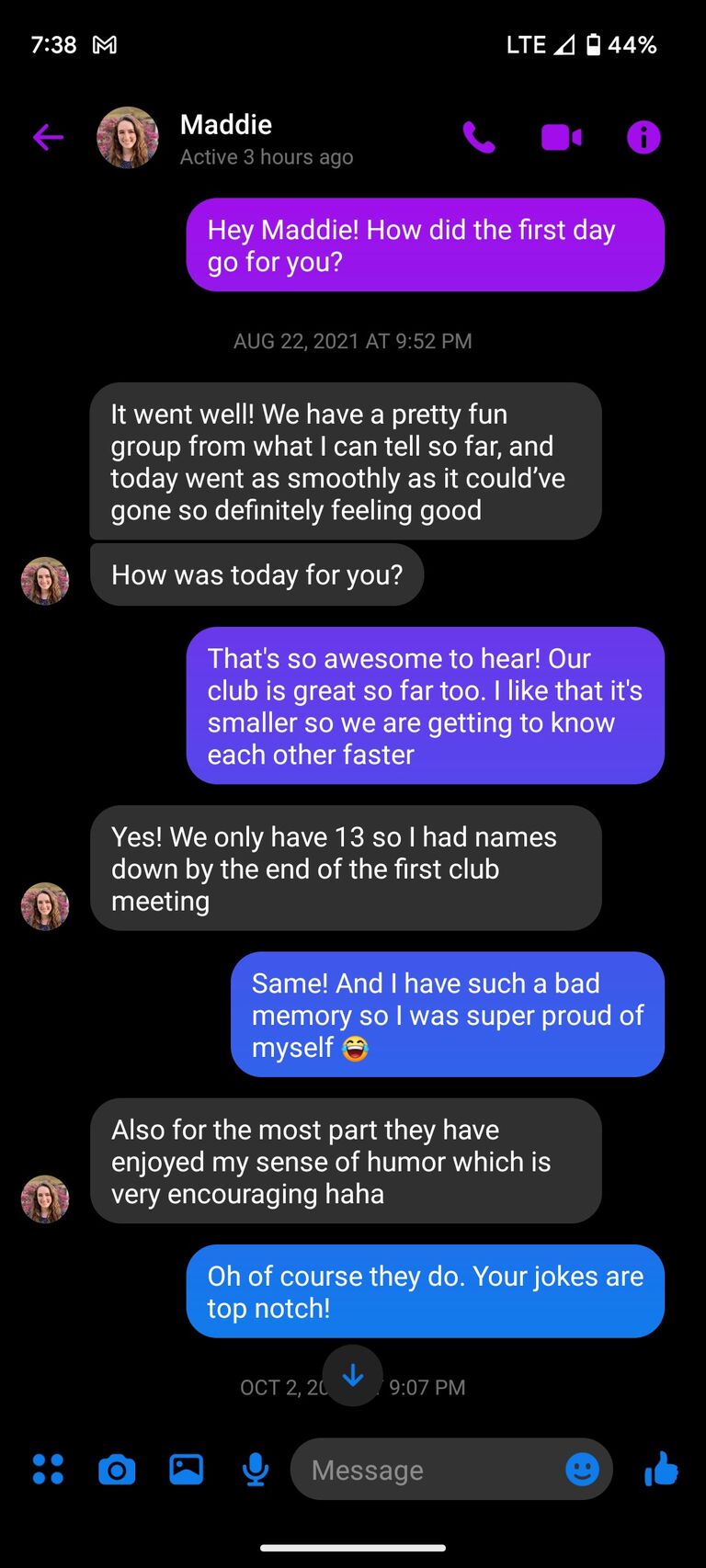 A flirting attempt by Andrew over Facebook Messenger. Maddie was oblivious.