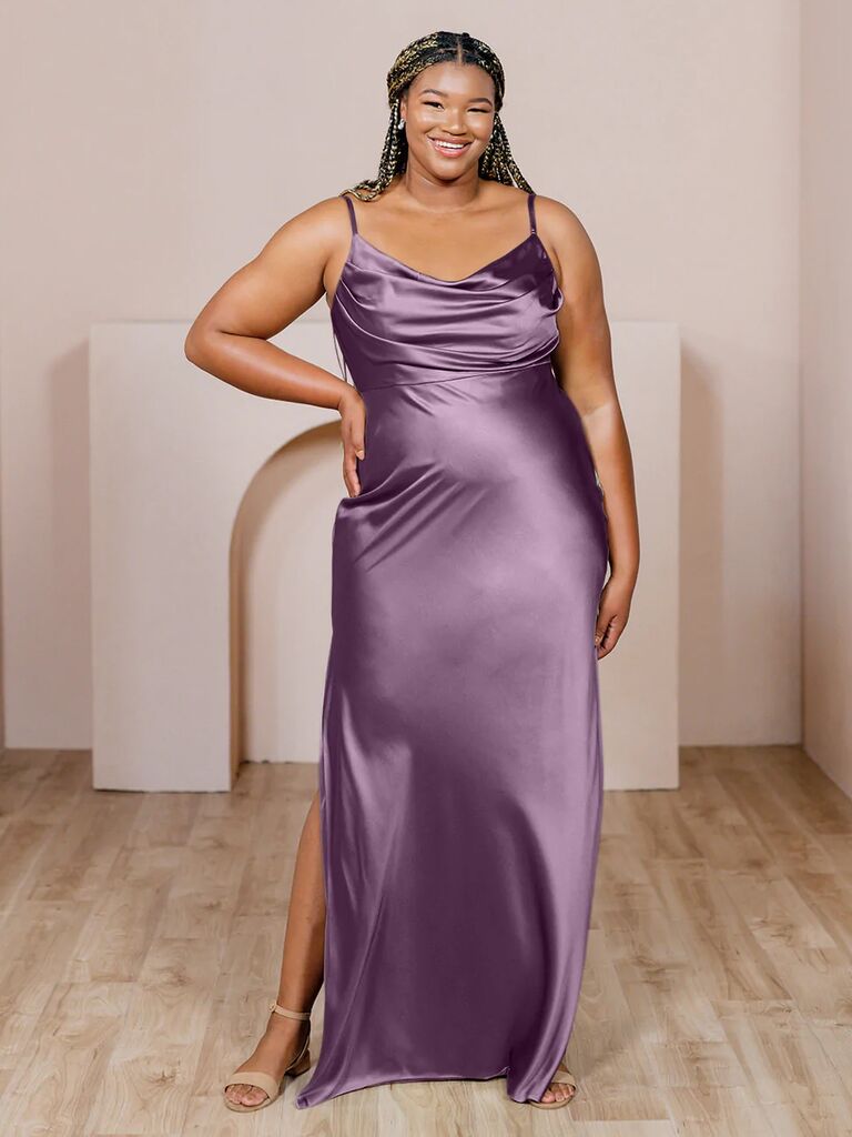 Revelry purple winter bridesmaid dress with cowl neckline and maxi skirt