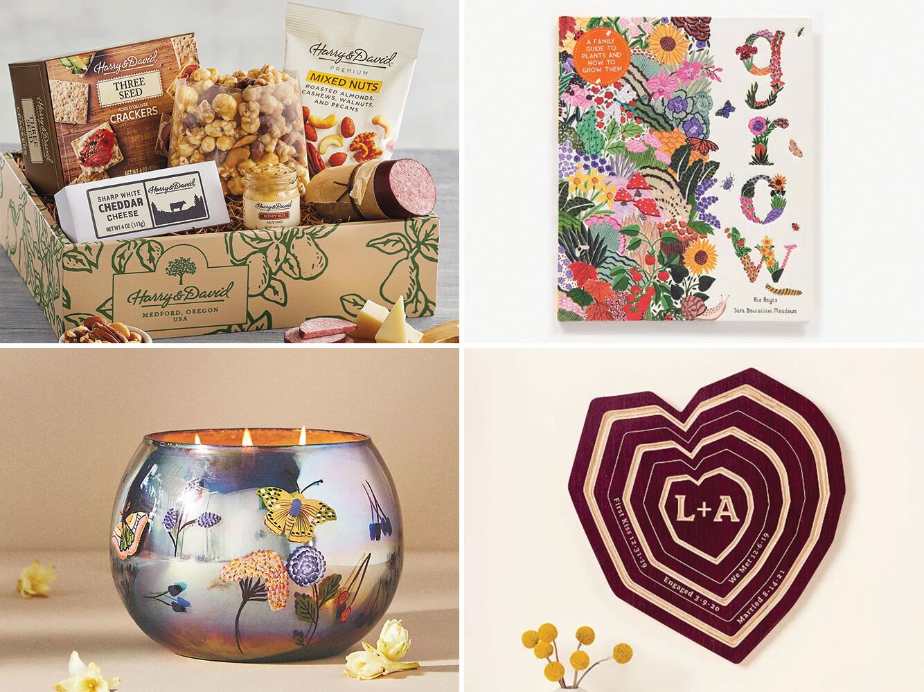 Snack box, gardening book, scented candle, and personalized tree ring art