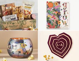 Snack box, gardening book, scented candle, and personalized tree ring art