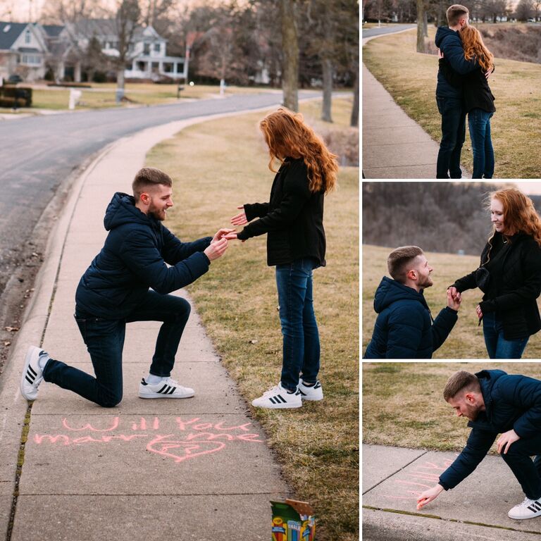 Andrew got down on one knee and proposed to Megan! It was a chalk proposal on the scenic Grandview Drive in Peoria, IL. 