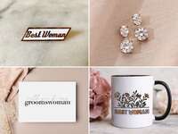 Four groomswoman gifts: best woman pin, earrings, best woman mug, groomswoman card