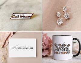 Four groomswoman gifts: best woman pin, earrings, best woman mug, groomswoman card