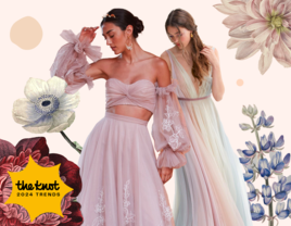 Collage of colorful wedding dresses surrounded by flowers