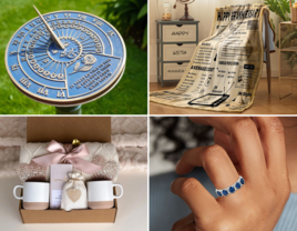 Collage of four 65th anniversary gift ideas including a sundial, blanket, blue sapphire ring, and gift box 