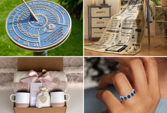 Collage of four 65th anniversary gift ideas including a sundial, blanket, blue sapphire ring, and gift box 