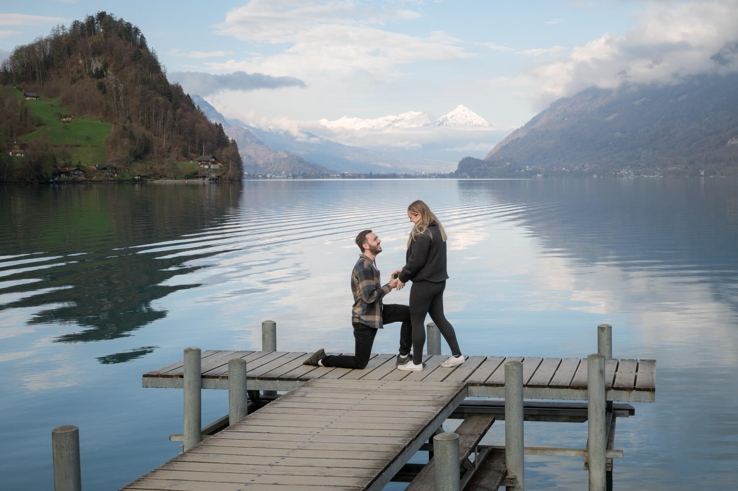Ed ,soberly, proposes to Amanda in Iseltwald, Switzerland