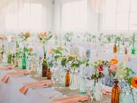 Coral and turquoise wedding reception color palette