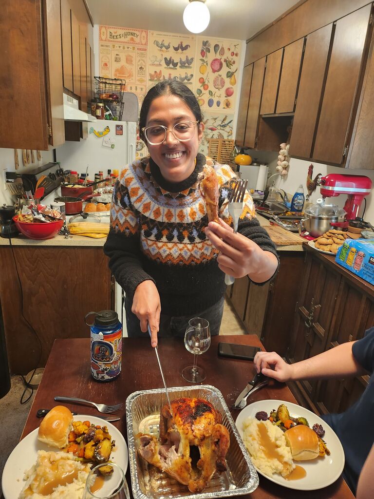 2022 marks the first Thanksgiving we spent together. We cooked a chicken and some VERY salty mashed potatoes.