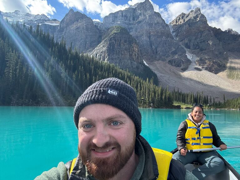 Gabby & Chris hike and canoe on Moraine Lake in Banff