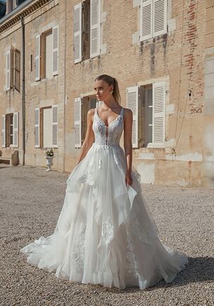 Ruffle Skirt Ball Gown with Plunging V-Neckline and Low V-Back