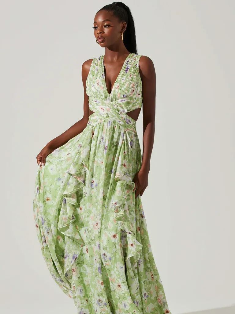green floral print floor length dress with side cutouts